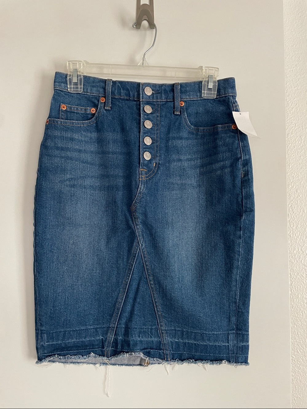 GAP Cotton Denim High Waisted Knee Length Short Pencil Jean Skirt Raw Hem NWT